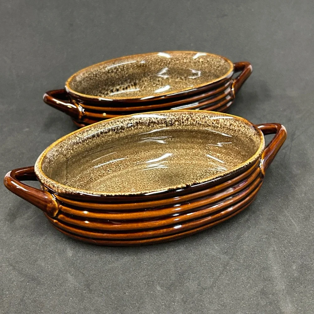 2 Crate & Barrel Brunswick Brown Stoneware Ribbed Oval Au Gratin Individual